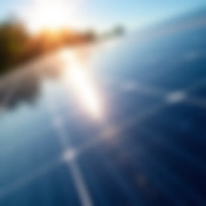 Close-up of a solar panel with sunlight reflecting